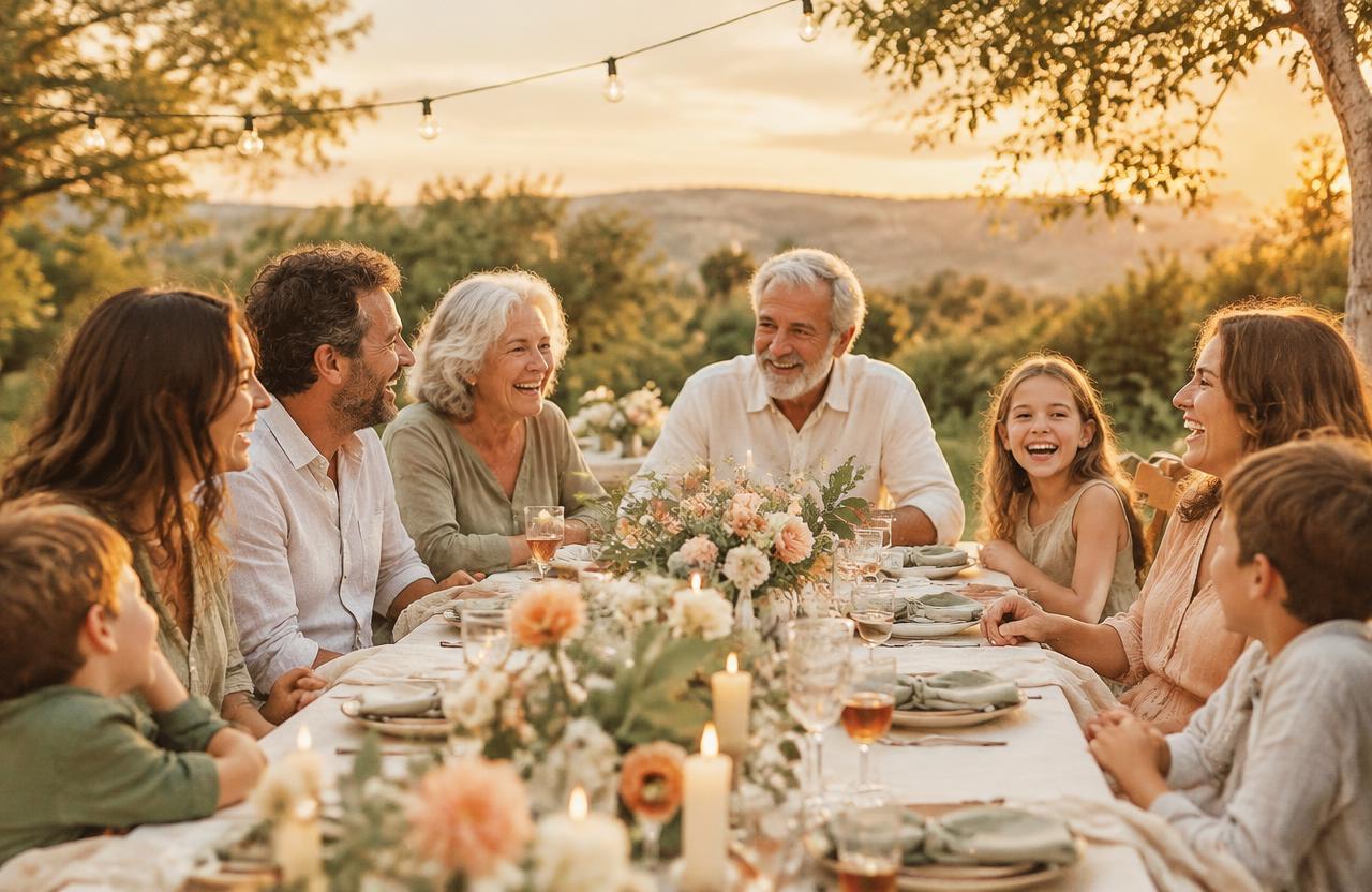 A multigenerational family laughing together at an outdoor dinner